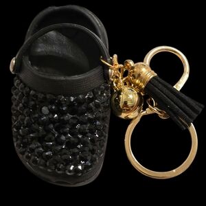 Black Sequin Clog Bag Charm Keychain with Gold Accents